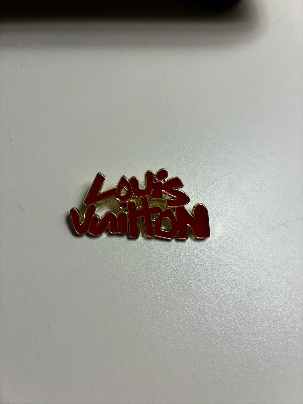 Luxury LV stamped Red Script Logo Brooch with Gold Trim